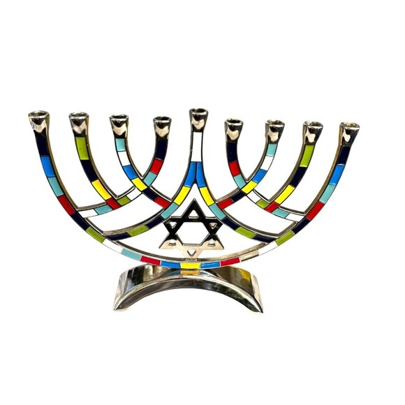 Jewish Hanukkah Metal With Inlaid Multicolored Mosaic Menorah With Star of David - Picture 3 of 7